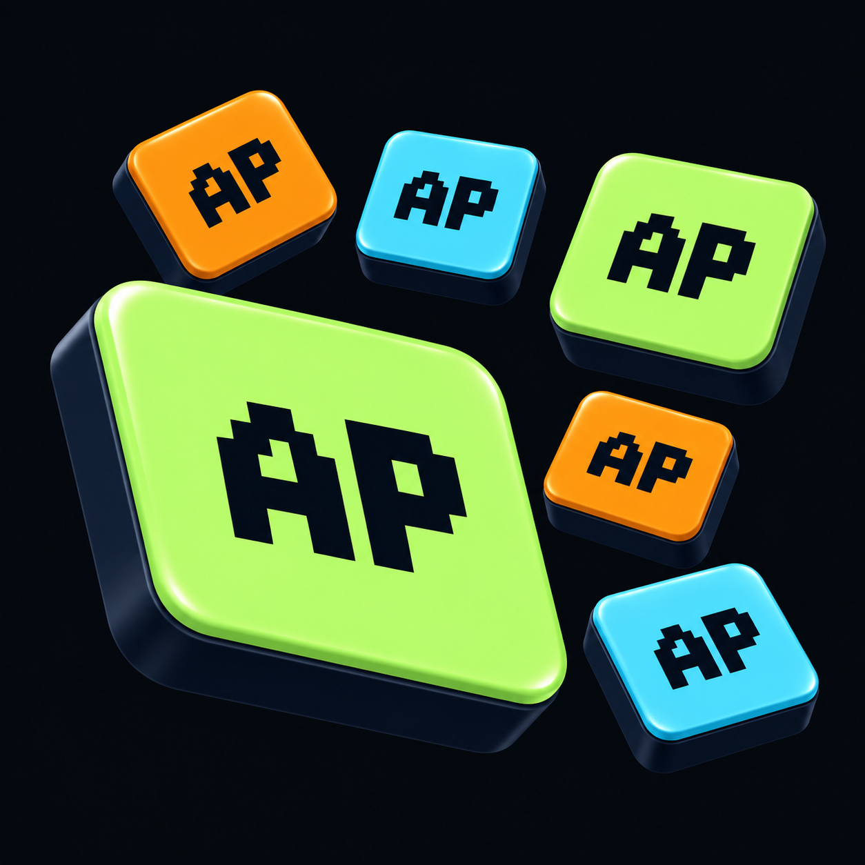 AP in DOS-style lettering on floating three-dimensional lime, cyan and orange tiles